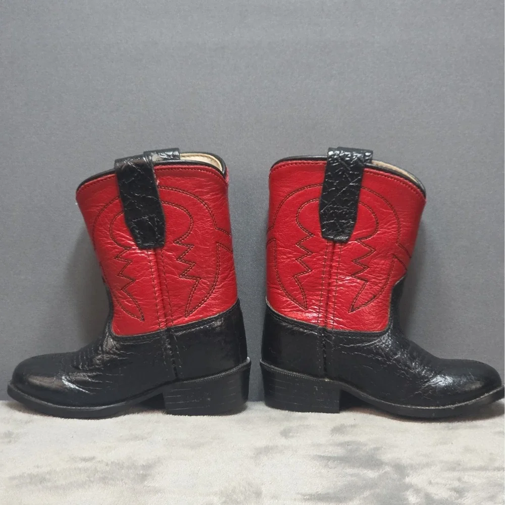 Old West Cowboy Boots Toddler Size 4 Black Red Leather Vintage Please See Photos
