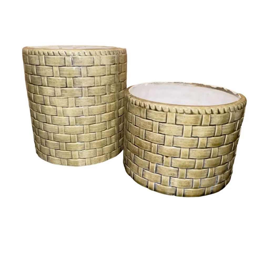 Vintage MCM‎ Green Woven Pot Planter Setof 2, 5