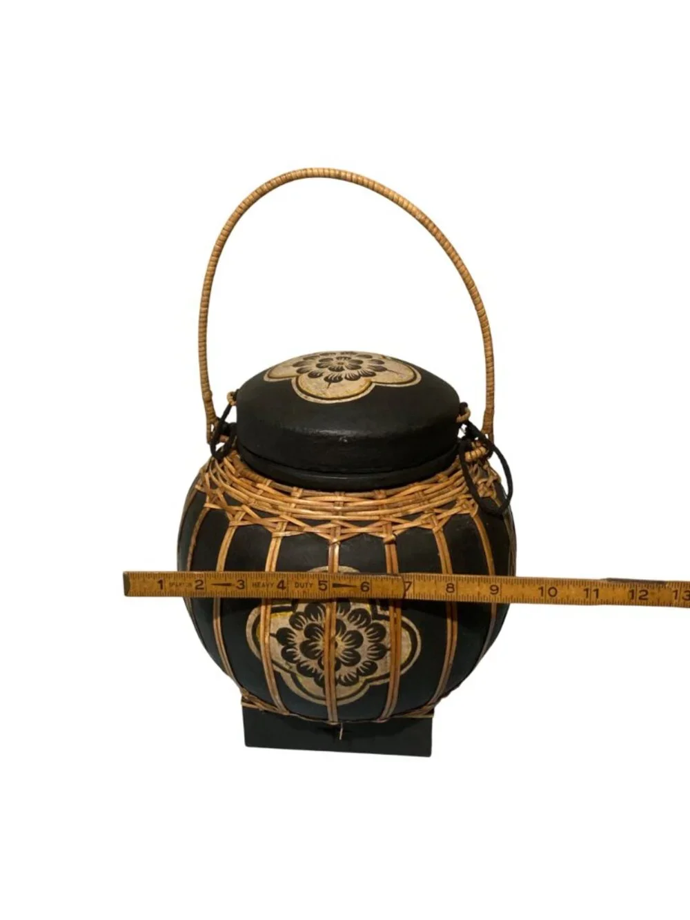 Handcrafted Vintage Thai Rice Basket With Lid And Floral Design