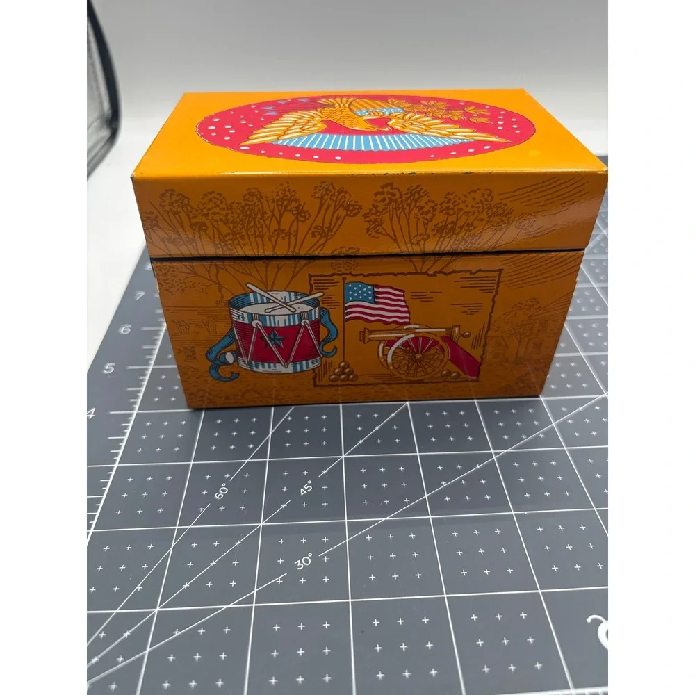 Vintage Syndicate Mfg Americana Metal Index Card Box Orange‎ Eagle Liberty Bell