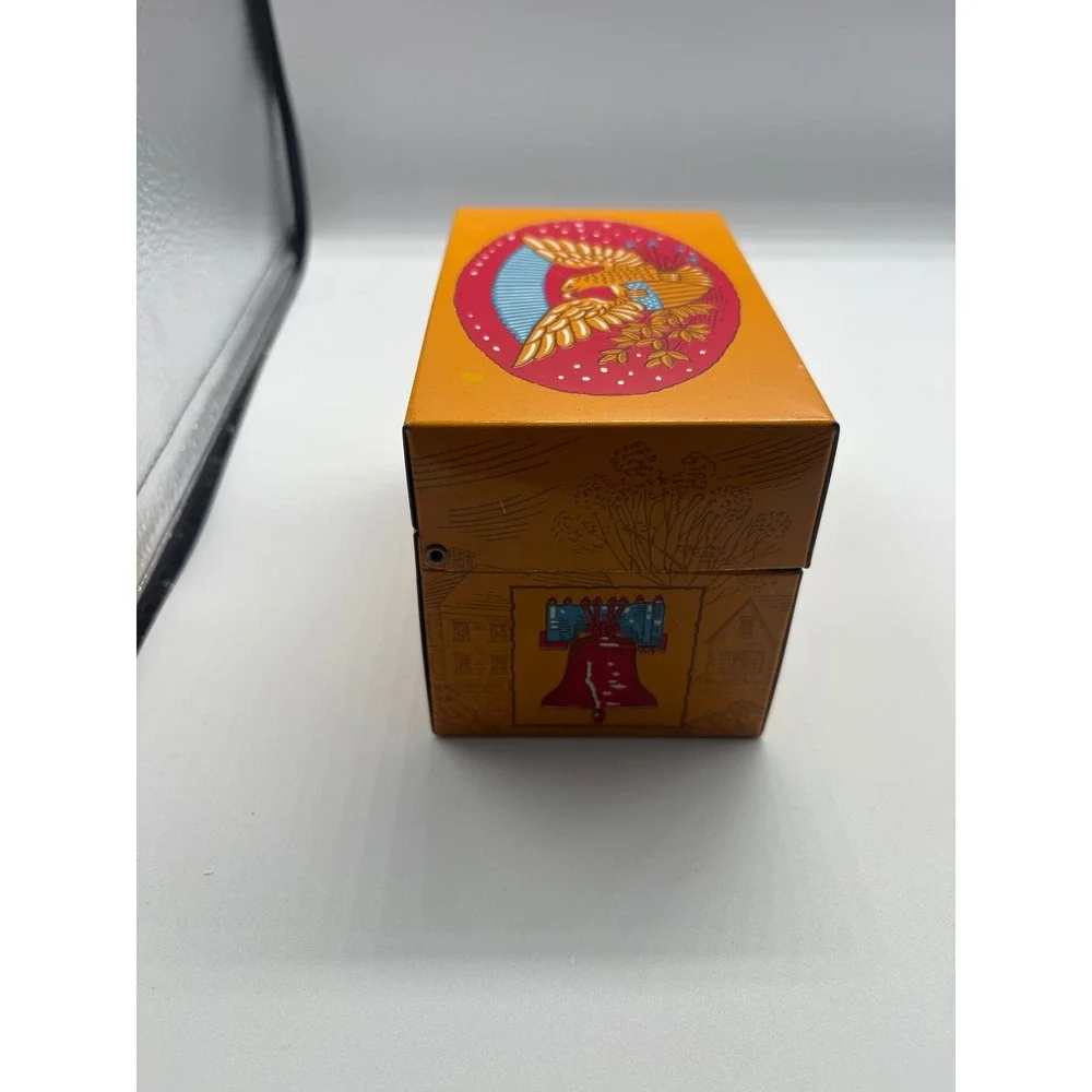 Vintage Syndicate Mfg Americana Metal Index Card Box Orange‎ Eagle Liberty Bell