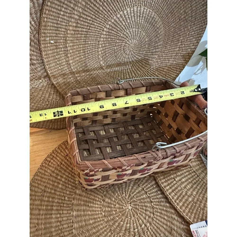 Vintage Woven Basket with Apple Design & Wooden Handle