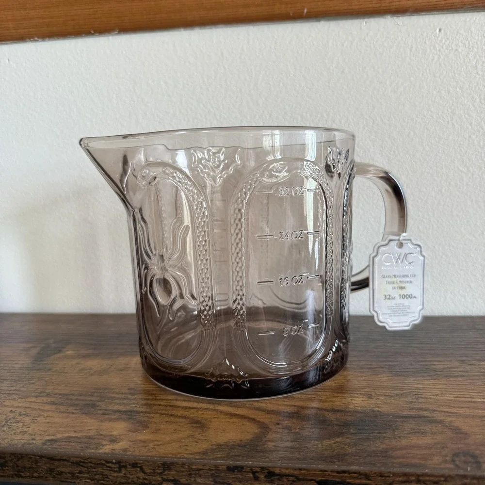 CWC Cook With Color Taupe Halloween Glass Measuring 32oz Cup Spiders & Bats