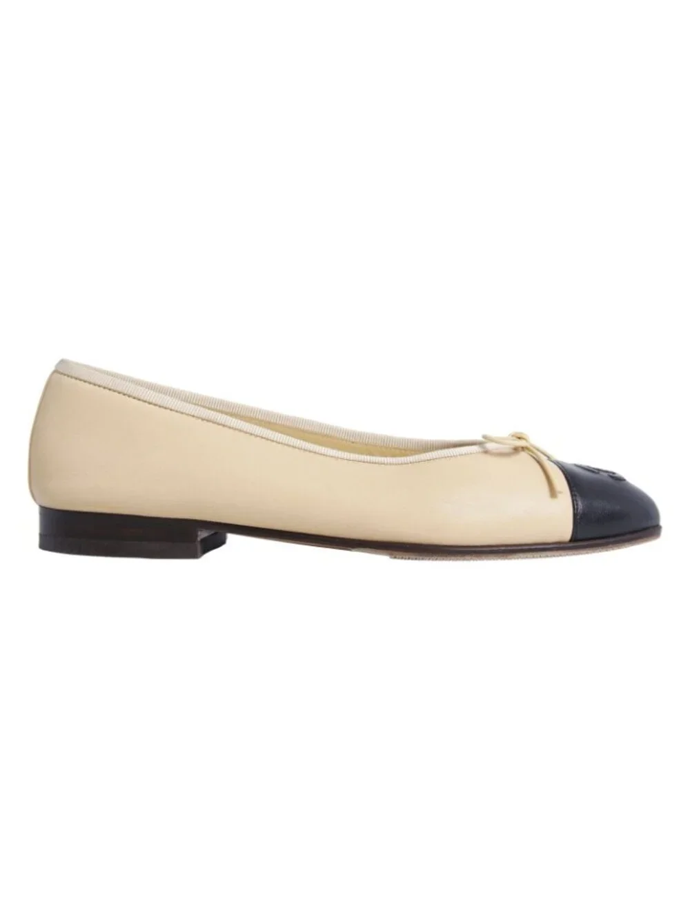 Chanel Pumps Ballerina Ribbon CC Logo Leather Shoes 36C Beige