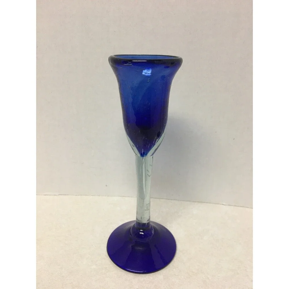 2 Hand Blown Cobalt Blue Clear Glass Candle Holders Clear Stemmed