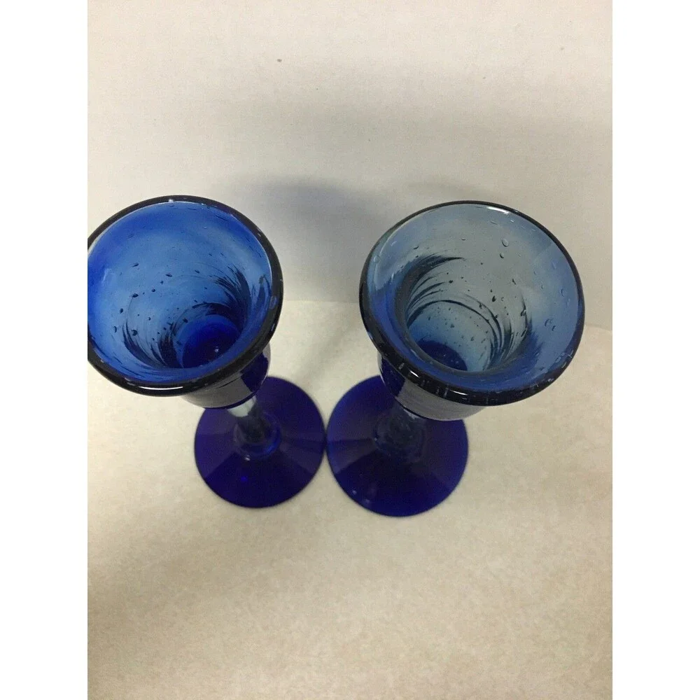 2 Hand Blown Cobalt Blue Clear Glass Candle Holders Clear Stemmed
