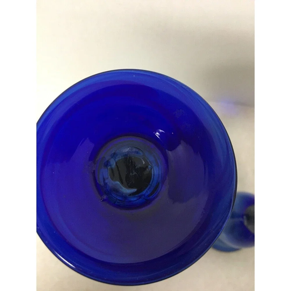 2 Hand Blown Cobalt Blue Clear Glass Candle Holders Clear Stemmed