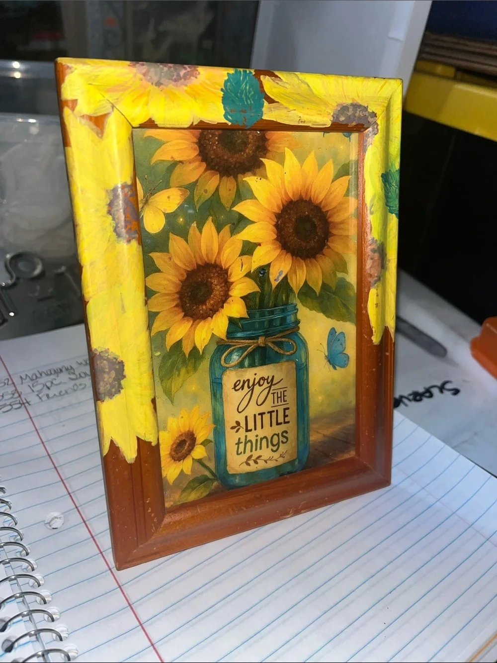 Sunflower Mason Jar Wall Frame – Yellow & Blue Handpainted flowers on frame 555