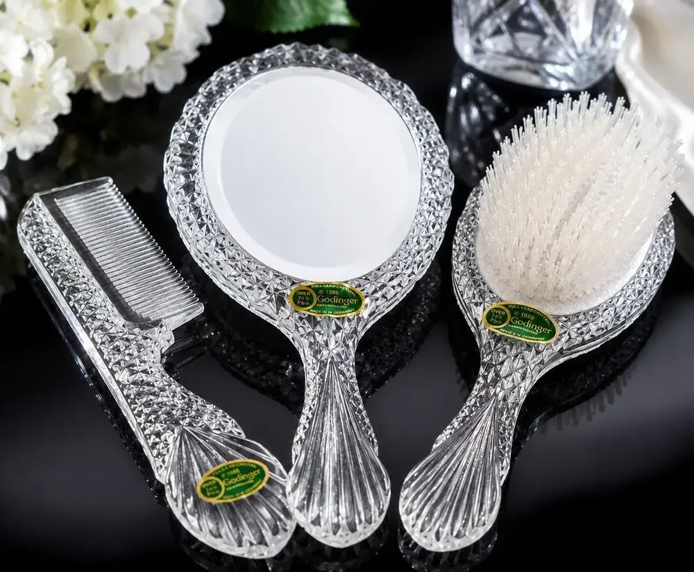 Vtg 3 Pc Godinger Crystal Victorian Style Dresser Vanity Set Mirror Brush Comb