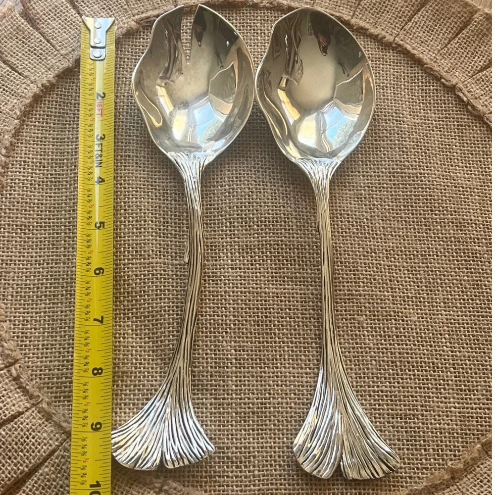 Silea Silver Plated Ginkgo Leaf Salad Servers Set 2 Piece Botanical Design