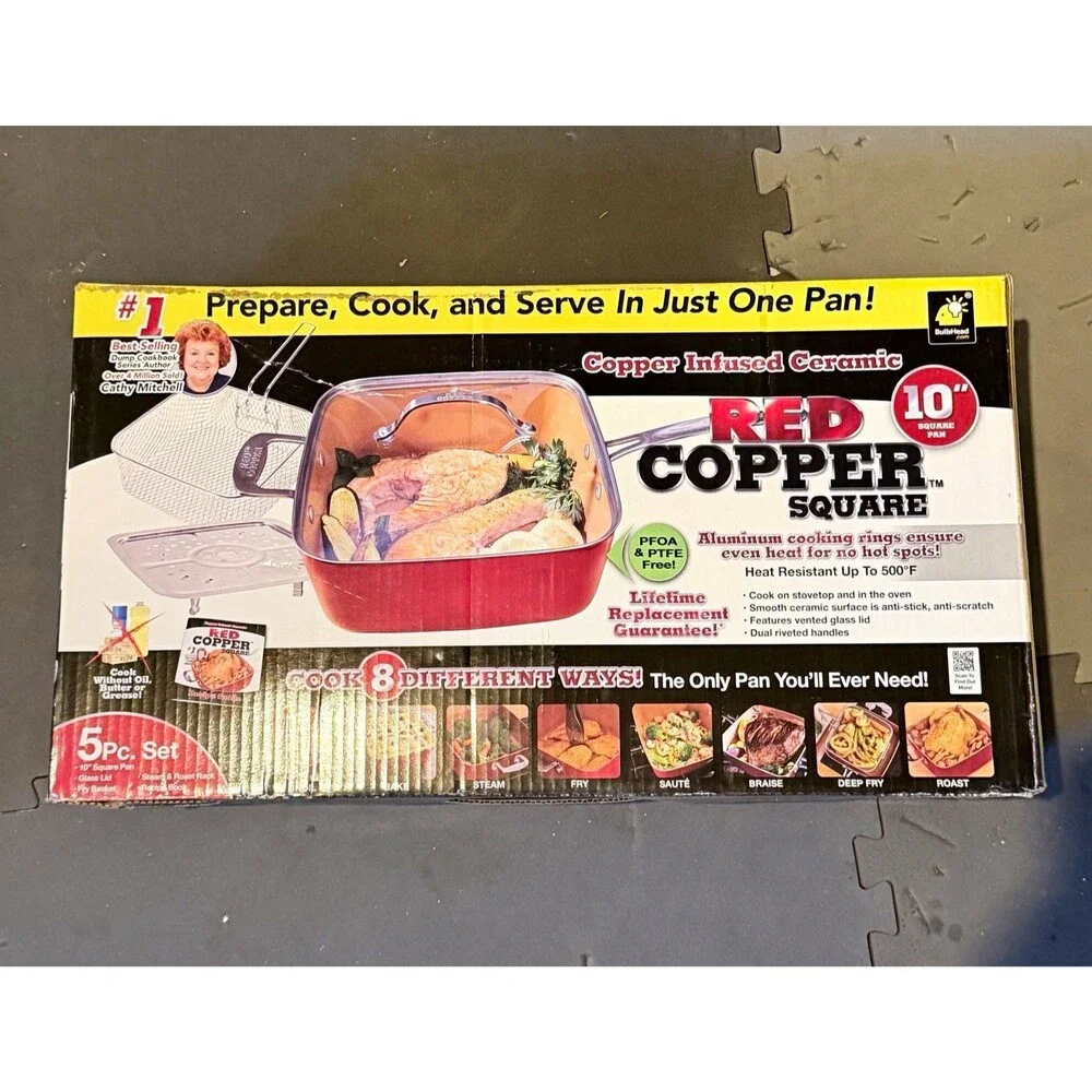 Red Copper Copper Square 10in Ceramic Nonstick Pan Set w/ Lid Basket Rack Book