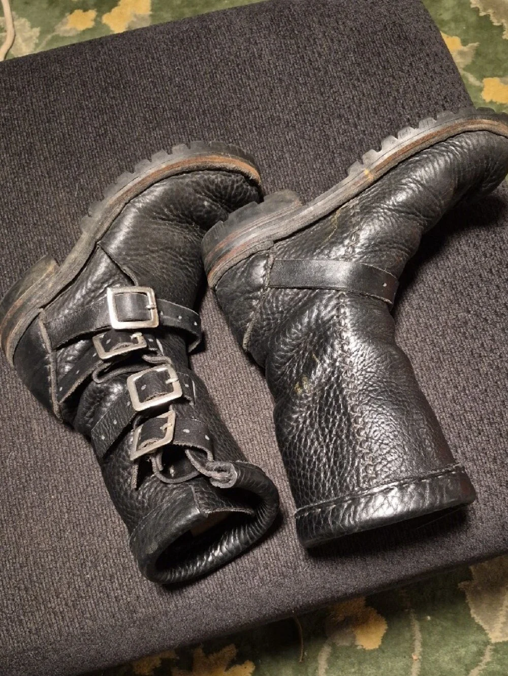 Men's Black Leather Buckle Strap Moto Boots
