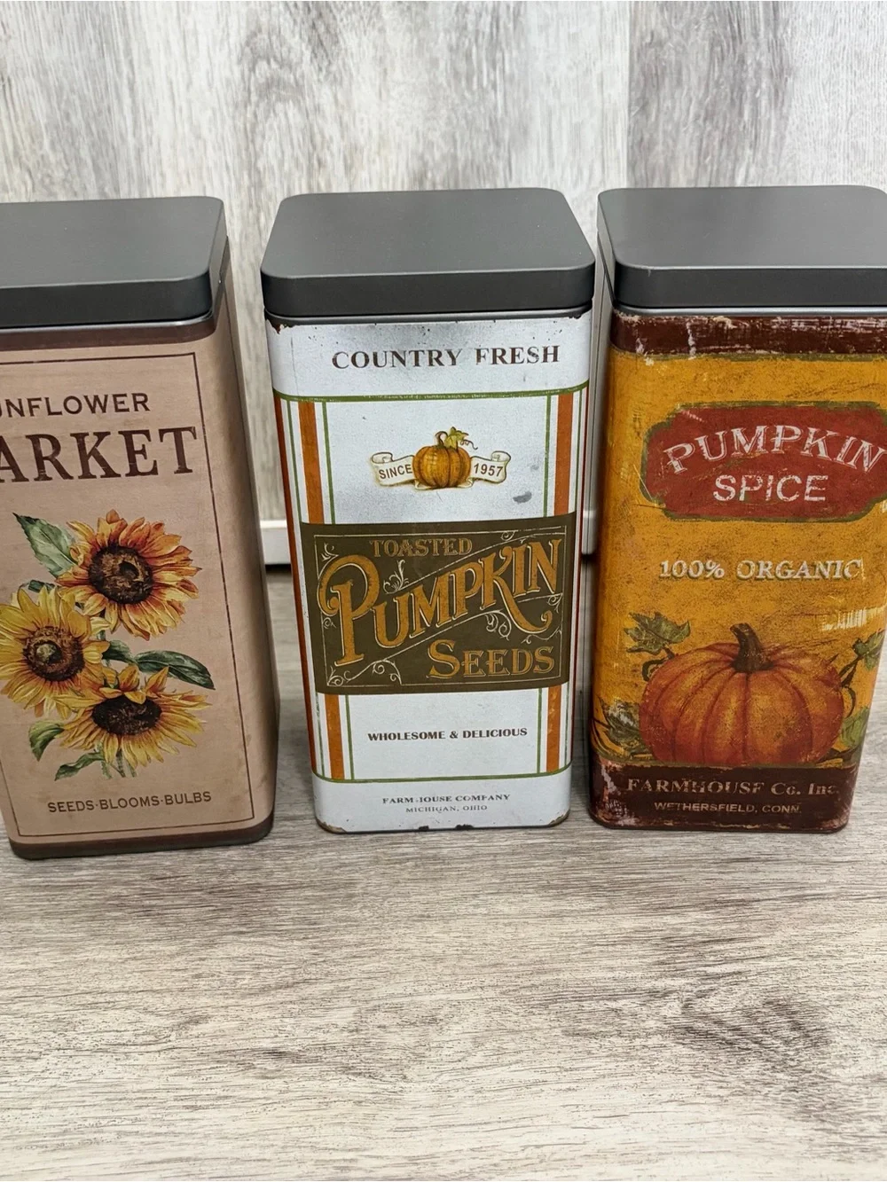Set Of 3 Fall Canister Tin Pumpkin Sunflower Country Farmhouse Decor 8”