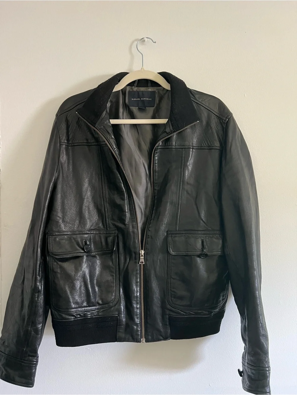 Banana Republic Black Leather Bomber Jacket with Ribbed Trim