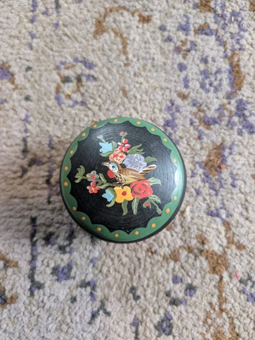 Wood Trinket Box Hand Painted Flower and Bird Jewelry Desk Container Vintage Box