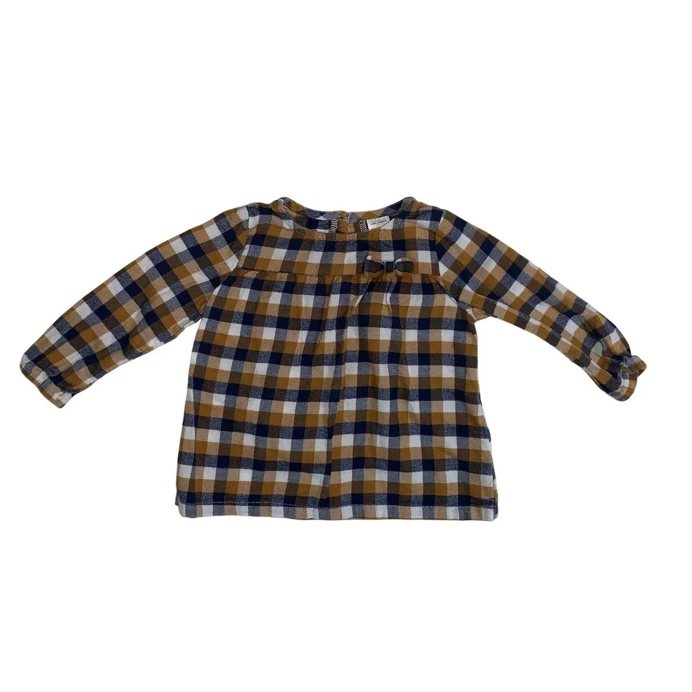 Carters 12M Mustard Yellow Navy Blue Gingham Plaid Long Sleeve Bow‎ Top 1J165910