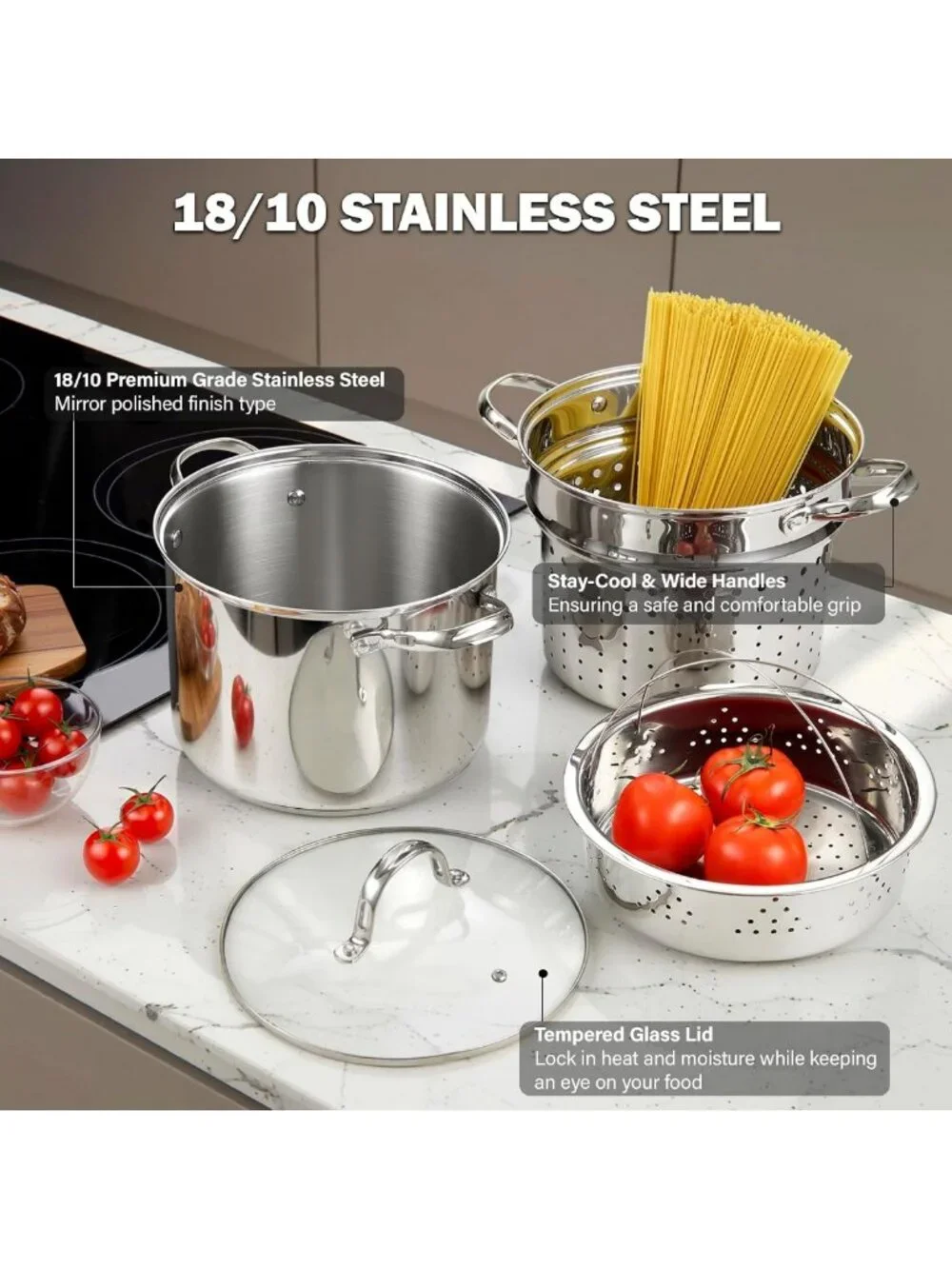 8 Quart Stainless Steel Pasta Pot Set - 4-Piece Stock Pot with Strainer