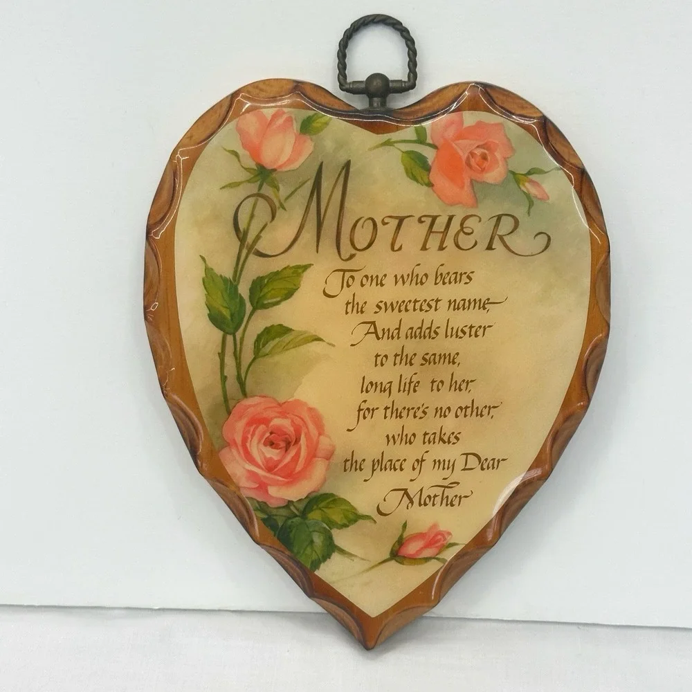 Vintage Wooden Mother Poem Heart Shape Pink Roses‎ Glossy Wall Hanging Plaque 9
