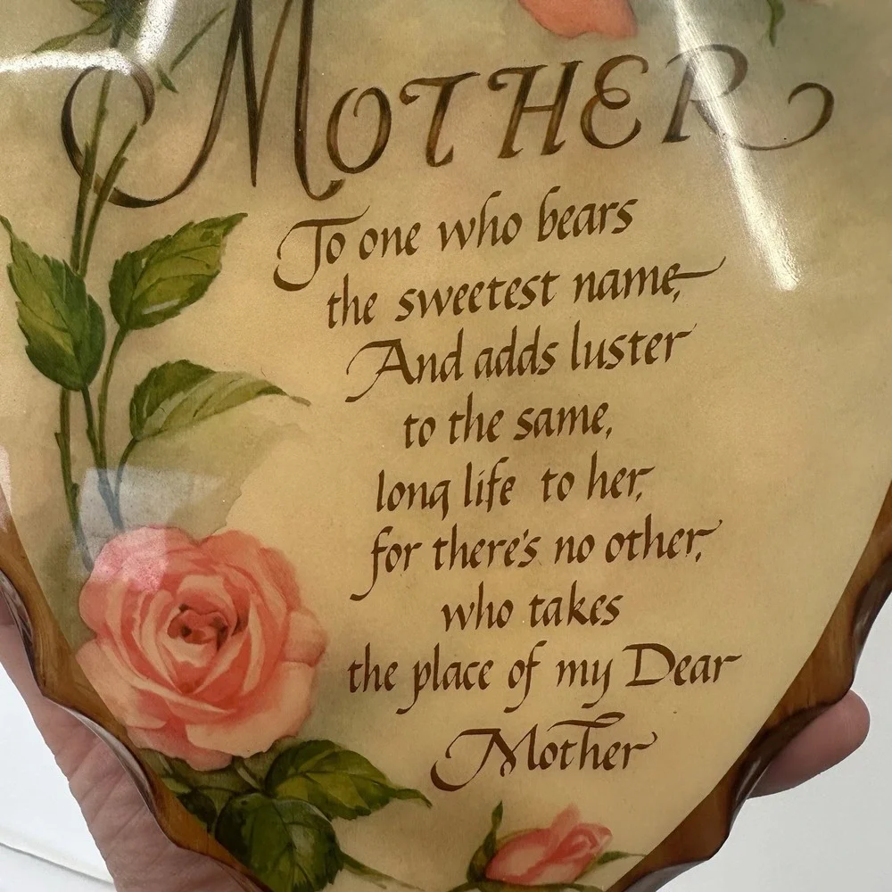 Vintage Wooden Mother Poem Heart Shape Pink Roses‎ Glossy Wall Hanging Plaque 9