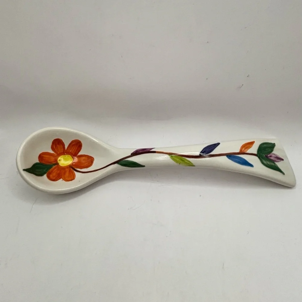 Hand-Painted Floral Ceramic Decorative Spoon -‎ Orange Flower 7.5” long