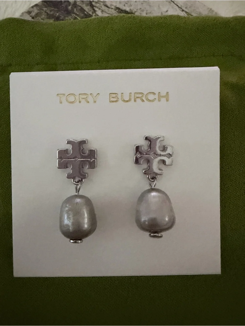 Tory Burch Silver Tone Logo Pearl Drop Earrings