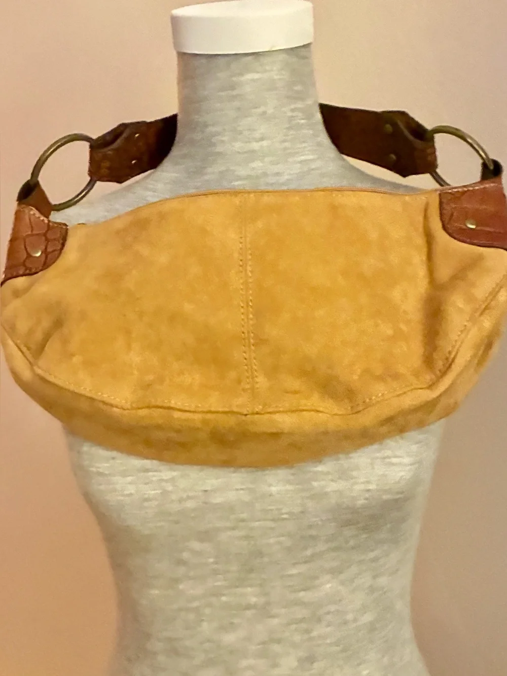 Small Suede Shoulder Bag in Tan with Brown Accents