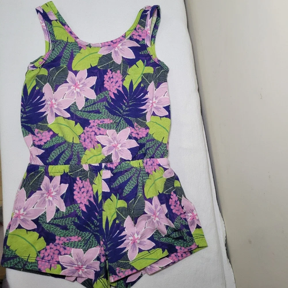 The Childrens Place Girls XS 4 Tropical‎ Floral Romper Purple Green Pink Summer