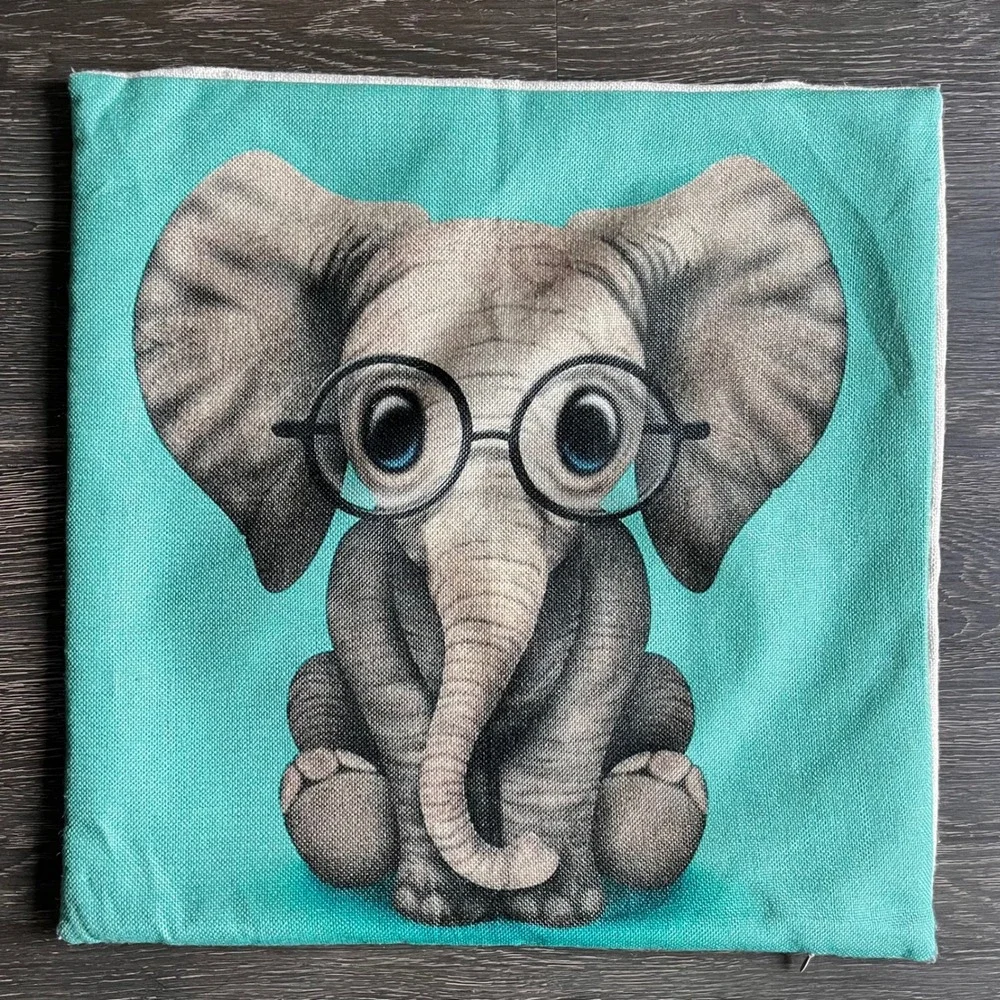 Baby Elephant with Glasses Teal Throw Pillow‎ Cover Square Linen Blend Whimsical
