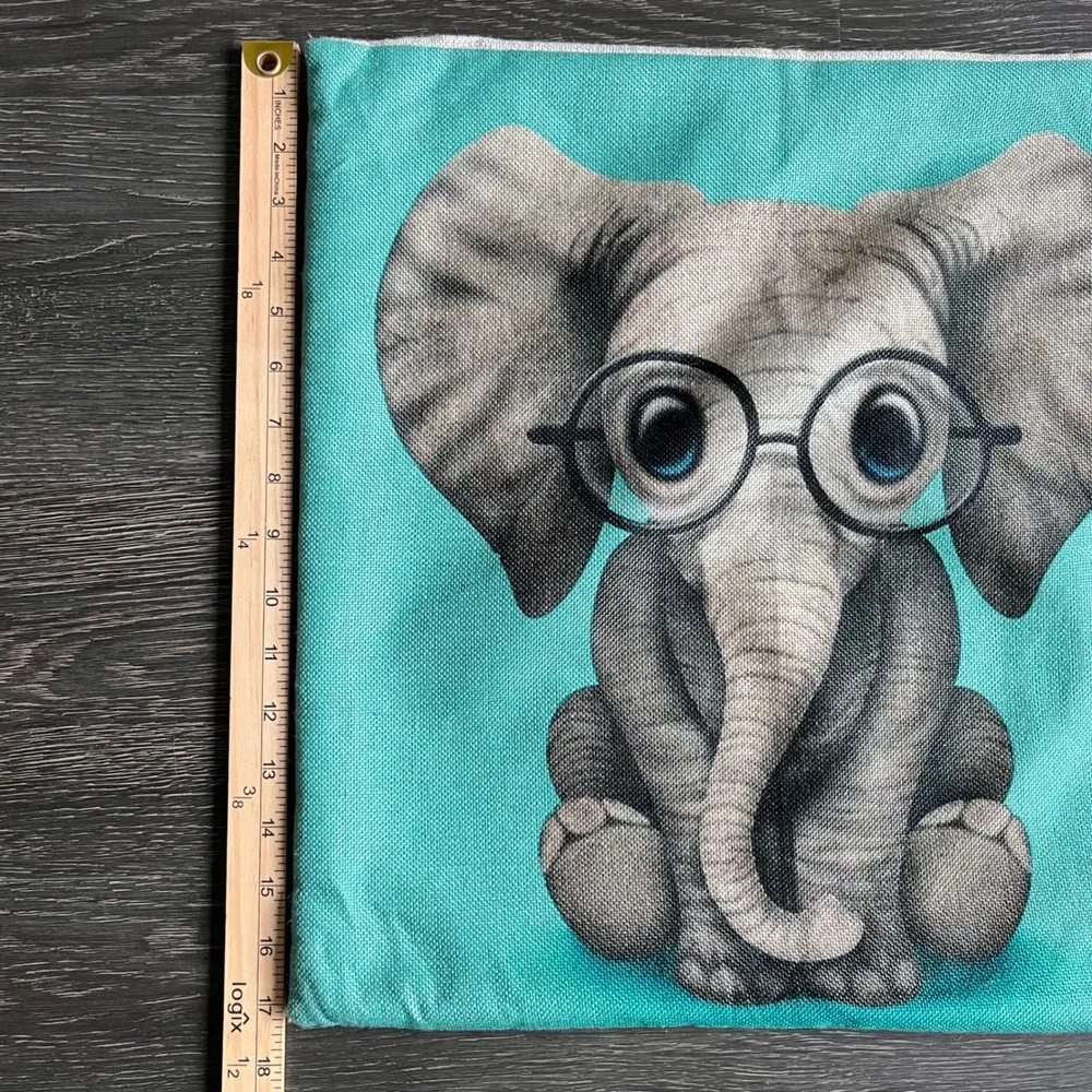 Baby Elephant with Glasses Teal Throw Pillow‎ Cover Square Linen Blend Whimsical