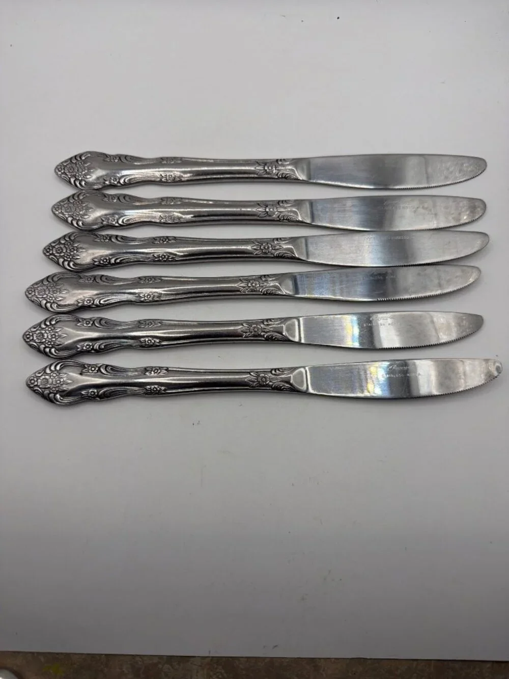 Rogers‎ Stainless Korea Vintage Floral Flat Handle Dinner Knives Set Of 6