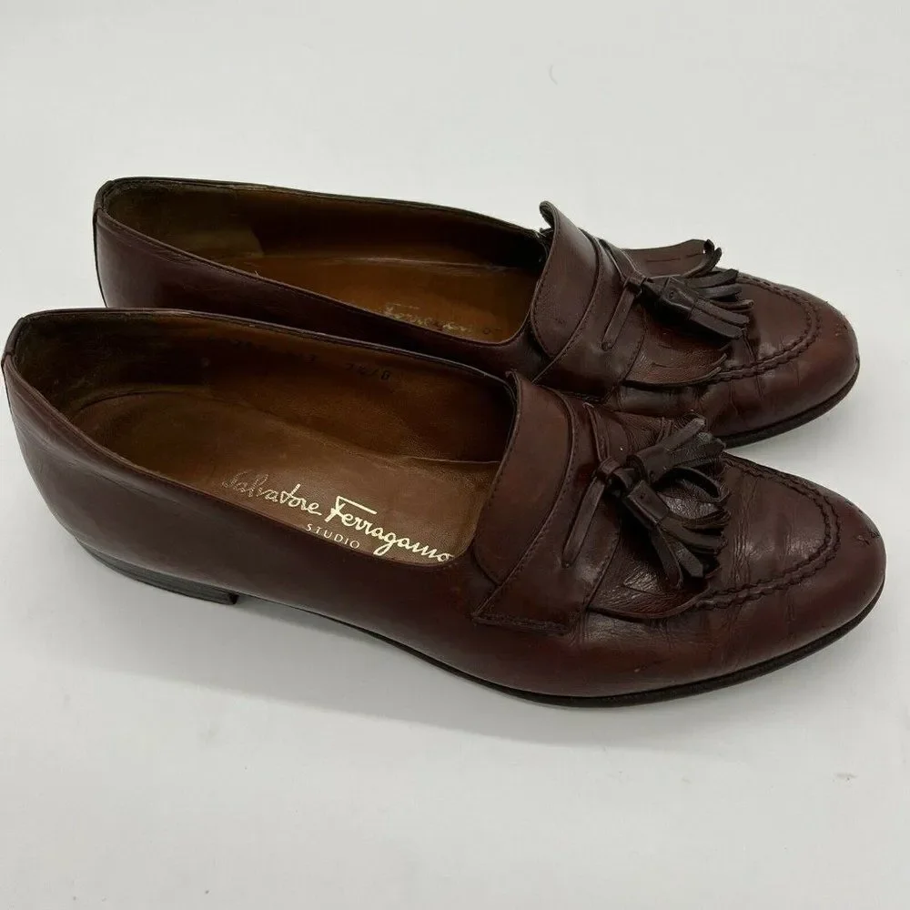 SALVATORE FERRAGAMO Brown Tassel Kiltie Loafer Slip on DRESS SHOES 7 1/2 D Italy