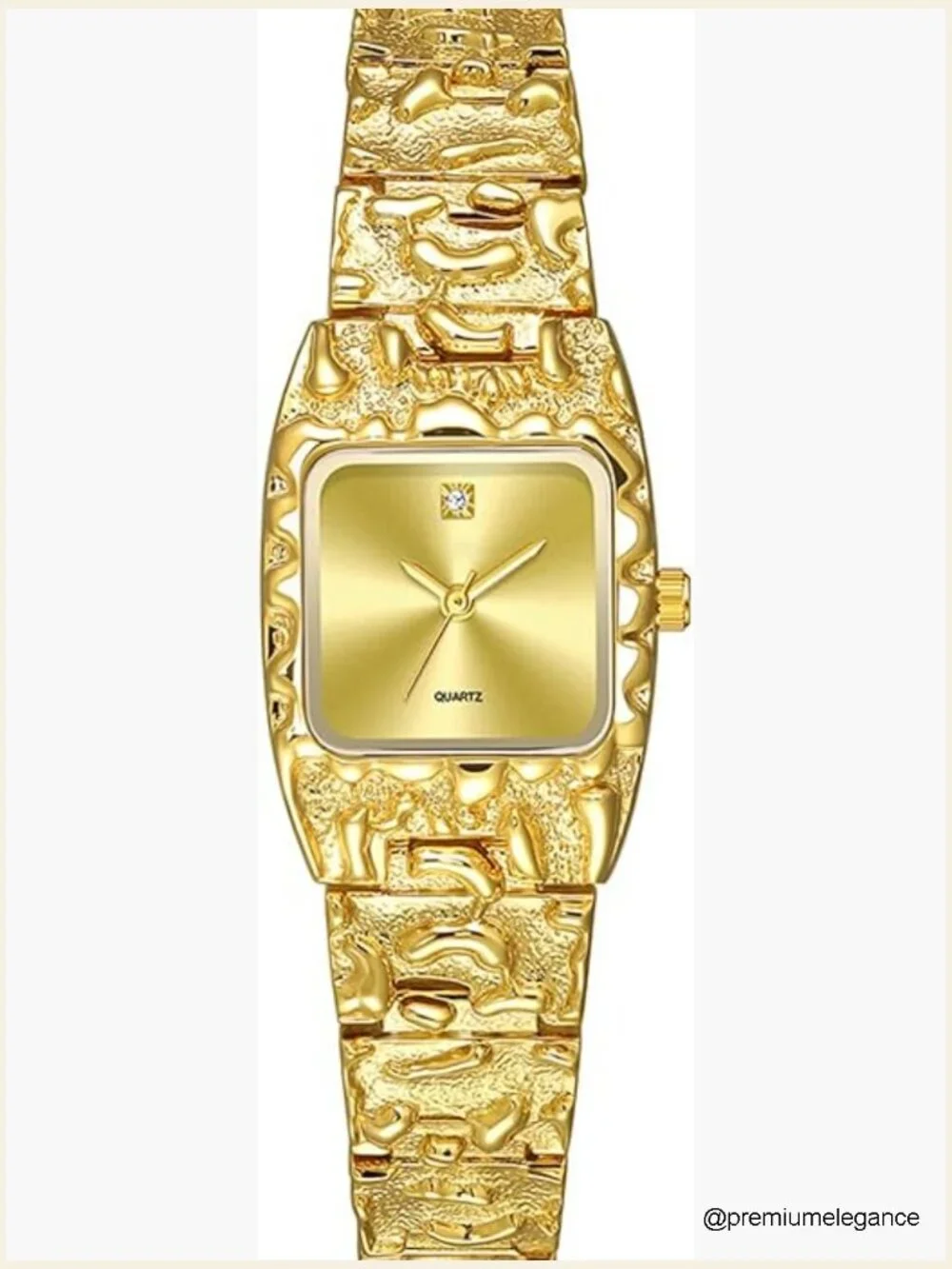Vintage Square Quartz Dress Wristwatch Textured Alloy Band Gold Tone