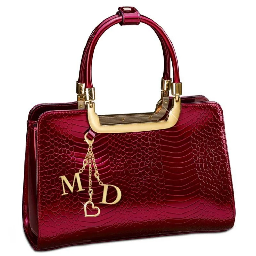 The Danbury Mint Ruby Red Leather Croc Pattern Handbag And Wallet Burgundy