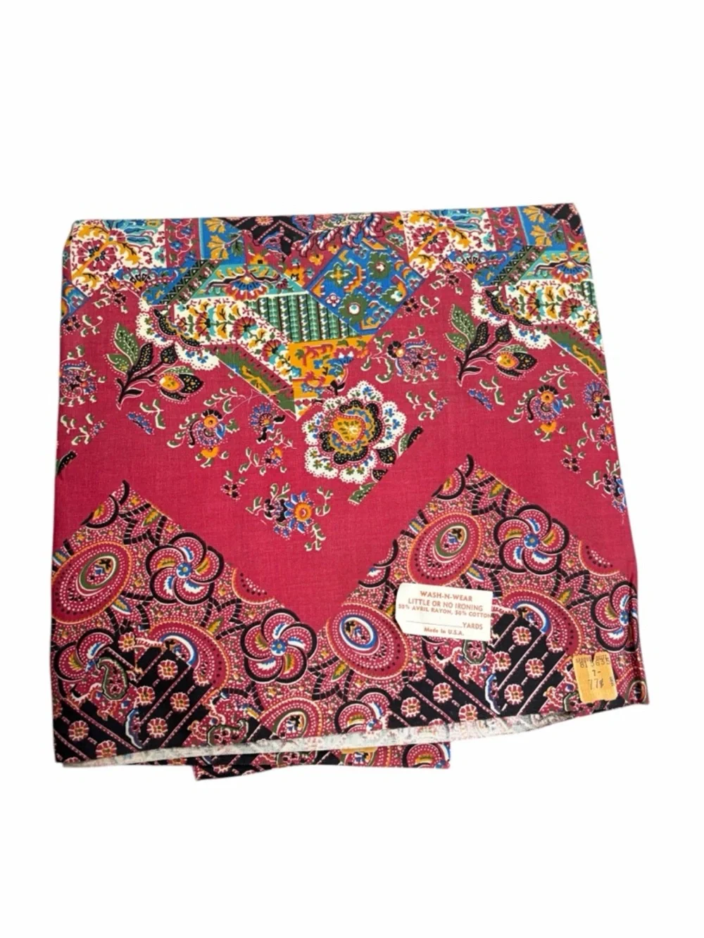 Vintage 1970s Wash-N-Wear‎ Patchwork Chevron Paisley Floral Fabric - 1.6 Yards