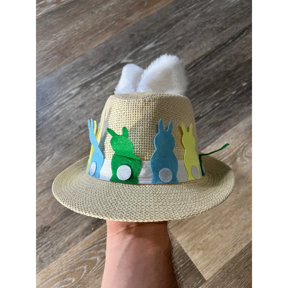 Unbranded Easter Bunny Straw Fedora Hat Kids OS Tan Multi Color Felt Ears