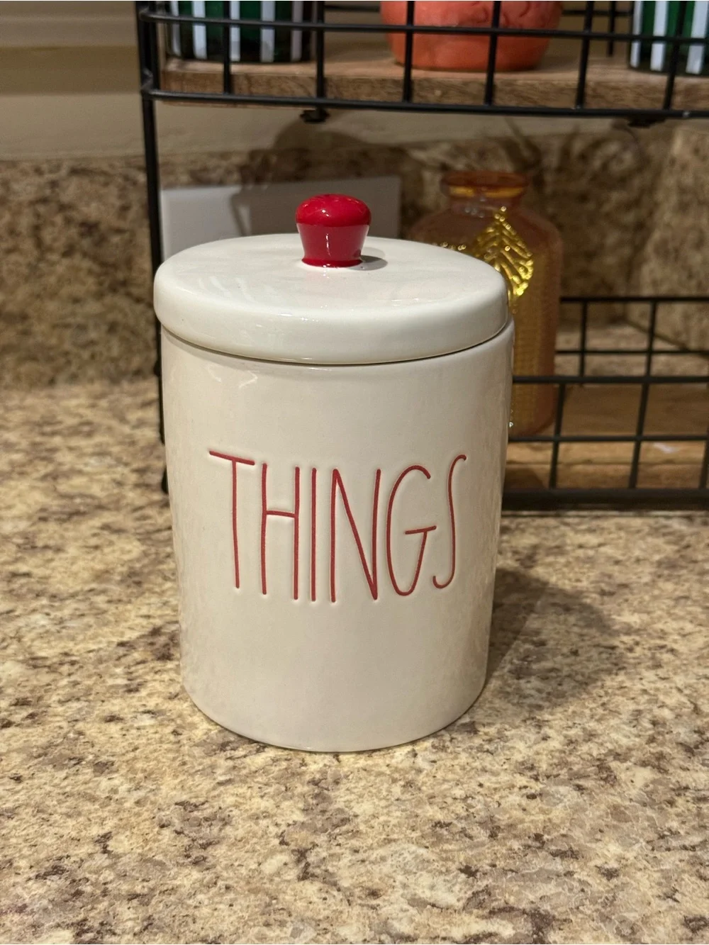 Rae Dunn THINGS Cream Ceramic Canister with Red Lettering and Red Knob