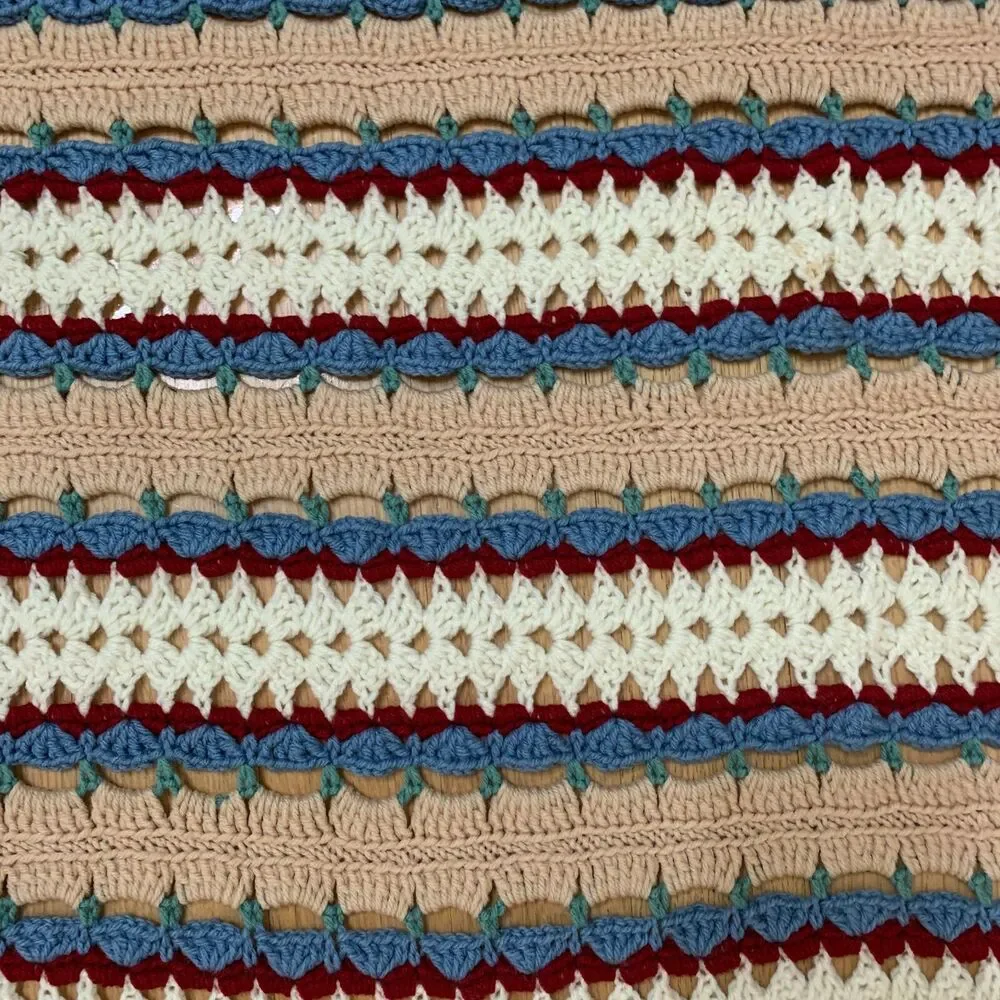Vintage‎ Crochet Afghan Throw Blanket Blue Red White Beige Multicolor