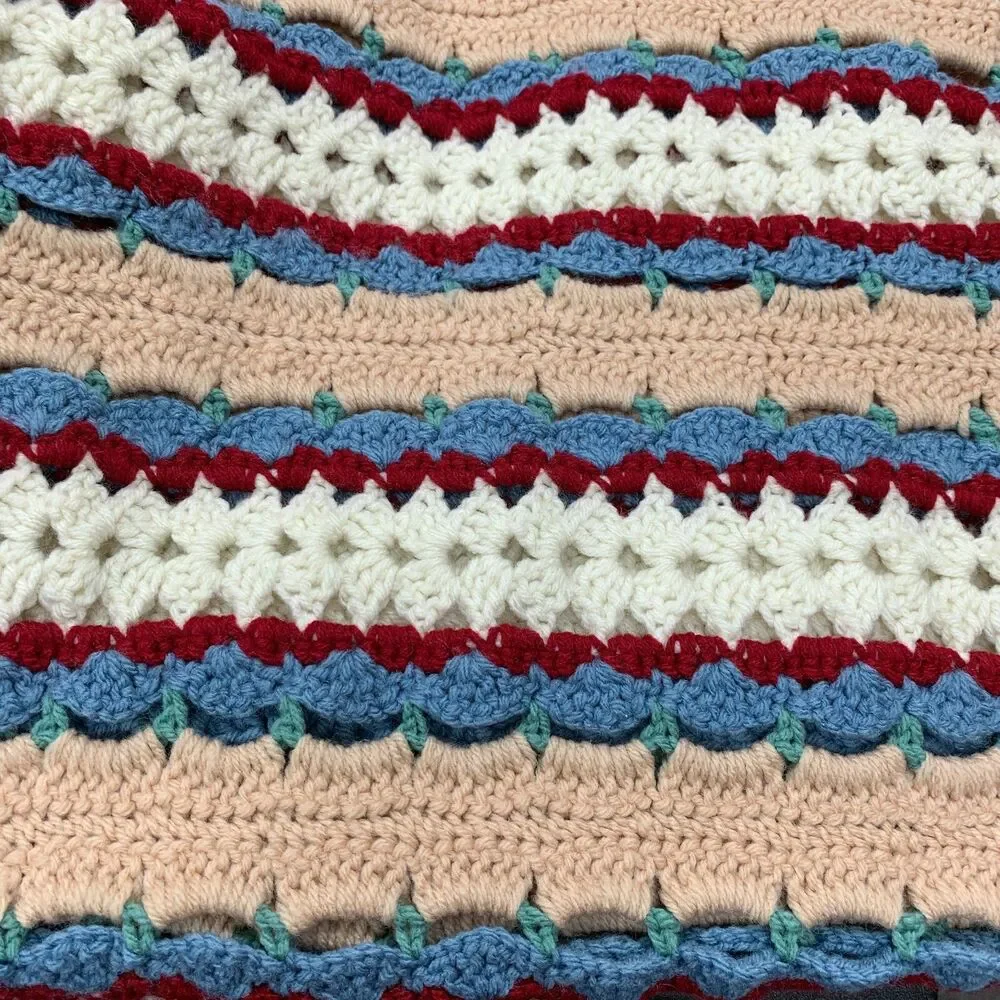 Vintage‎ Crochet Afghan Throw Blanket Blue Red White Beige Multicolor