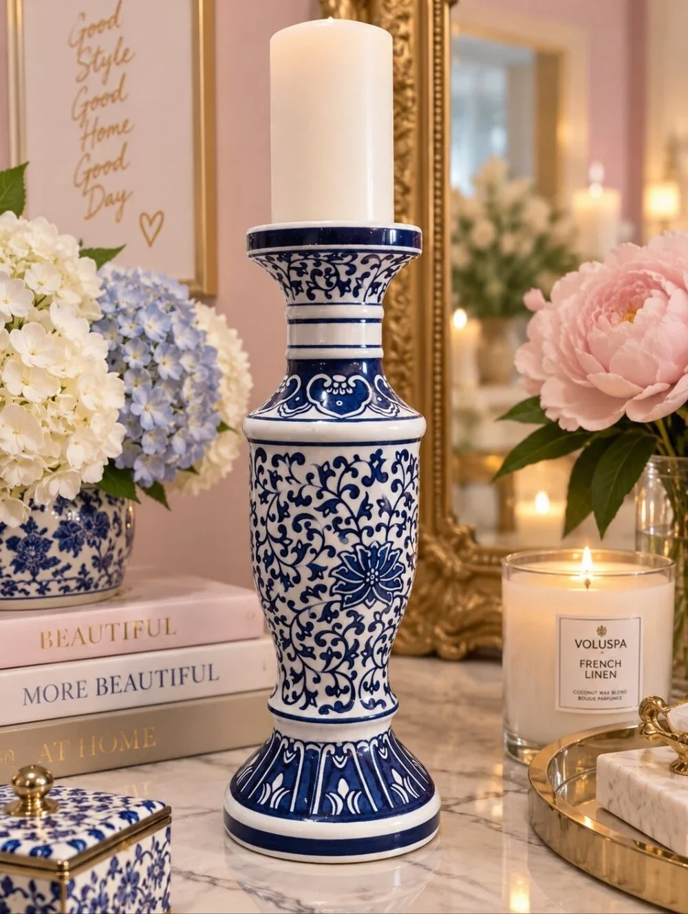 Apropos Blue White Chinoiserie French Country Ceramic Candle Holder 14
