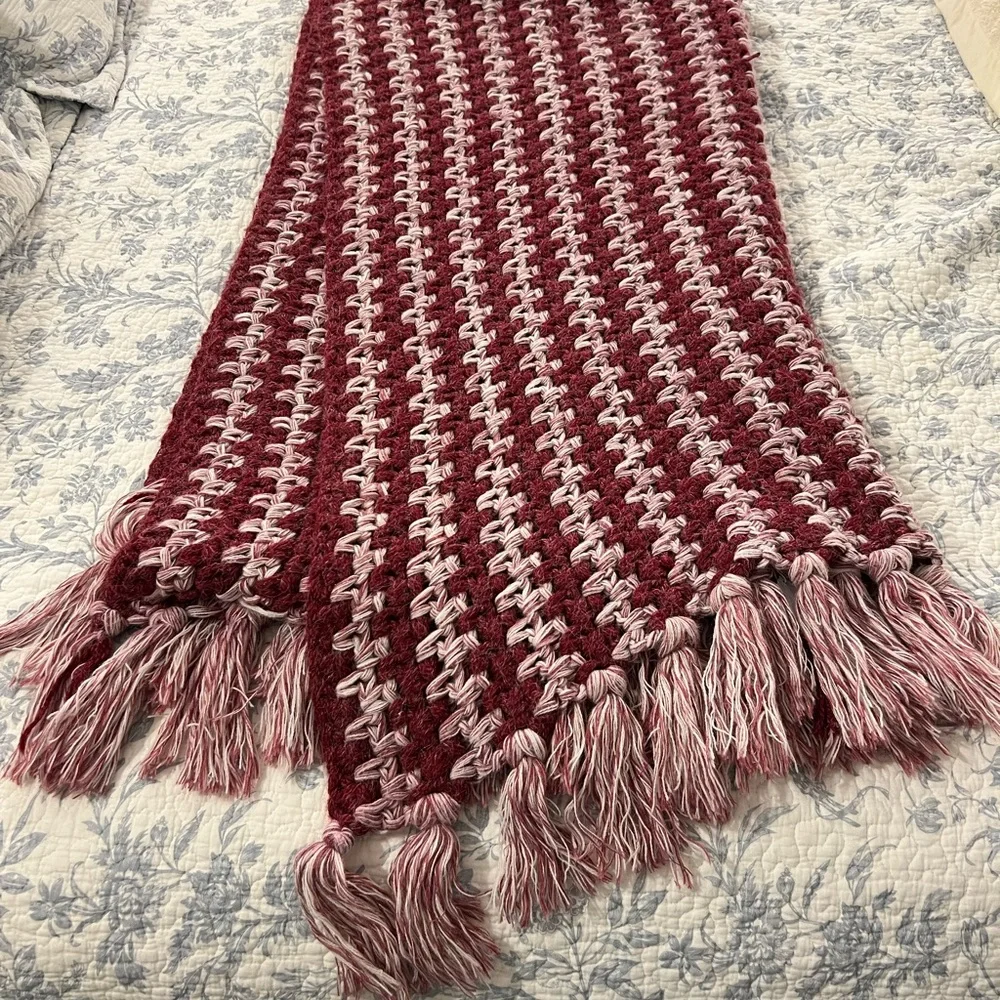 CROCHETED BLANKET‎ BURGUNDY AND WHITE SOFT HANDMADE