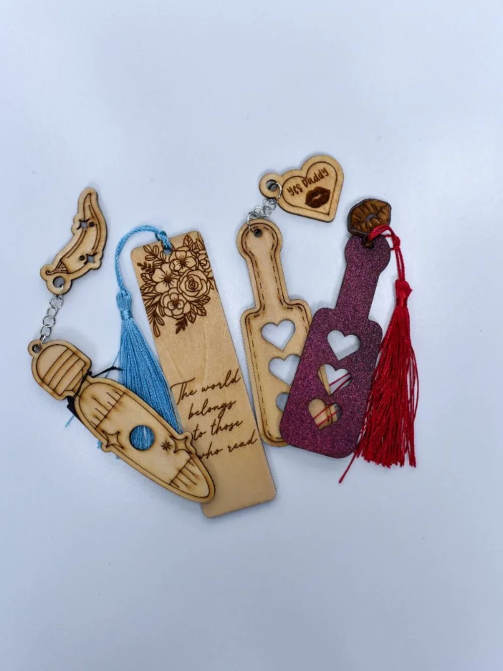 Handmade Wooden Bookmarks Floral Quote Smut Reader Paddle Charms Tassel