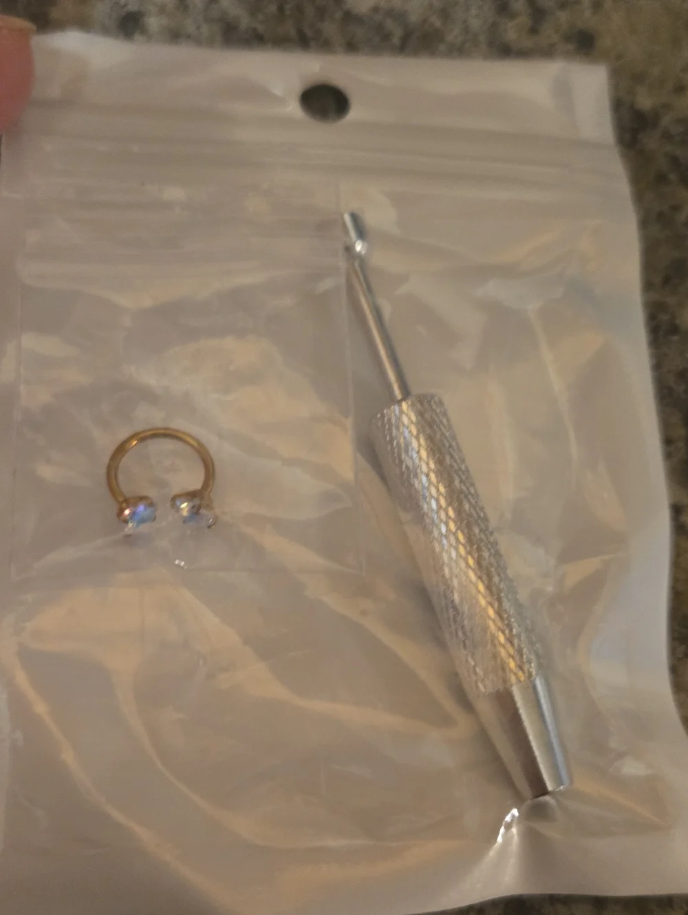 Gold-Tone Circular Septum Ring with Aura Gem Ends & Removal Tool