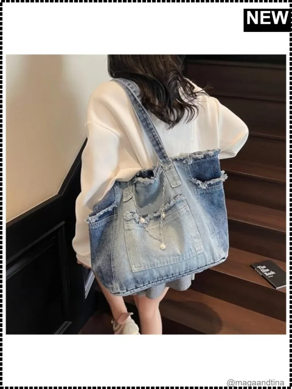 Large Denim Tote Hobo Jean Handbag Everyday Shoulder Bag