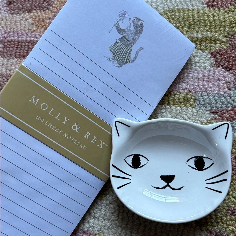 Cat x 2 Molly & Rex Girlish Cat with flower notepad + white cat face bowl