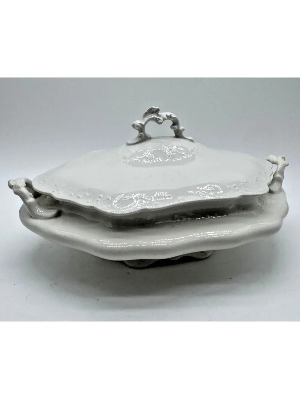 Antique Johnson Bros England White Embossed Covered Vegetable Dish Tureen
