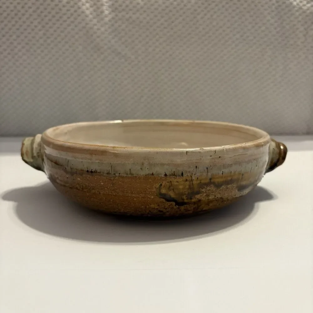Art Studio Pottery Brown Wide Bowl Dish Folk Art Decor Artist Signed 7.5x2.25