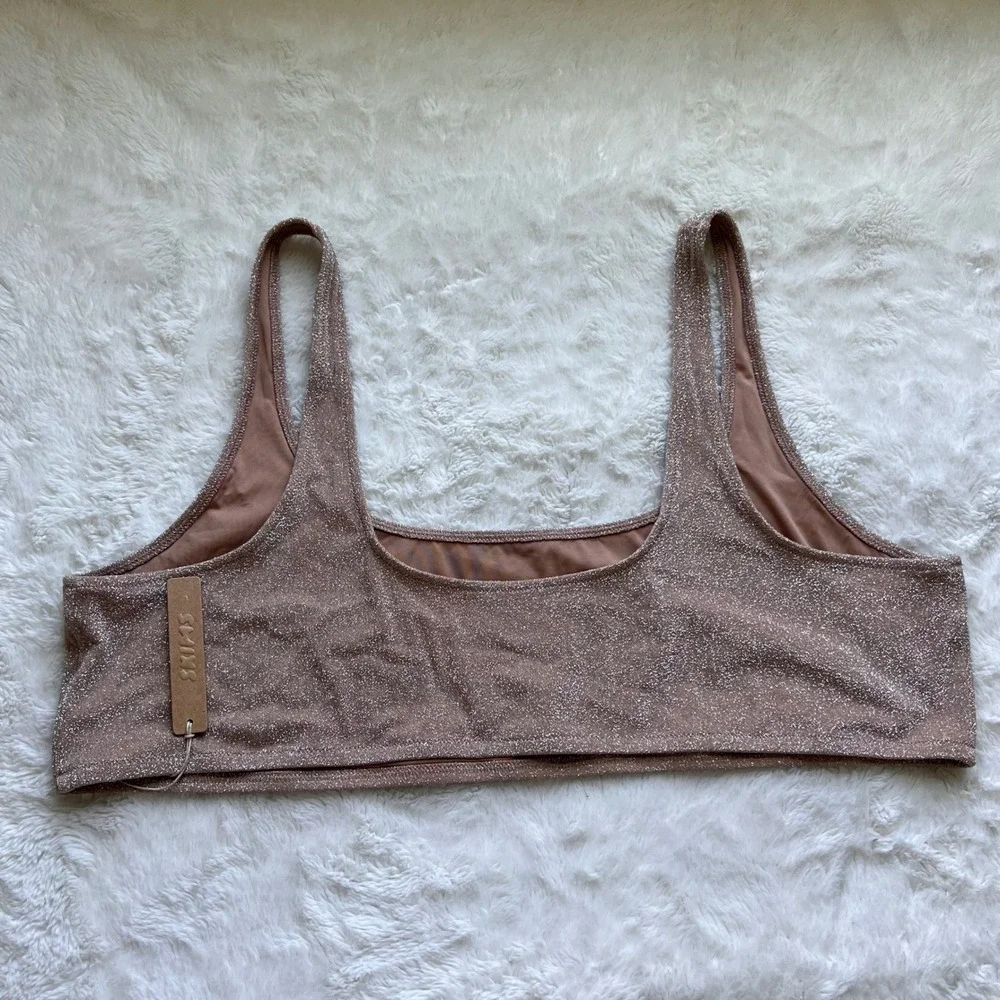 SKIMS Swim Metallic Shimmer Scoop Neck Bikini Top Rose Gold SW-SCN-0106 4X NEW