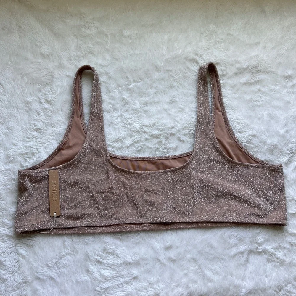 SKIMS Swim Metallic Shimmer Scoop Neck Bikini Top Rose Gold SW-SCN-0106 4X NEW