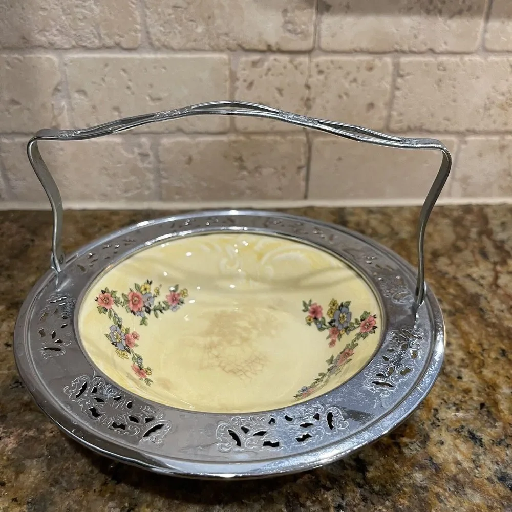 VTG‎ Sebring Pottery Gold Maize Bowl 6.5 Inch Farberware Metal Caddy Fold Handle