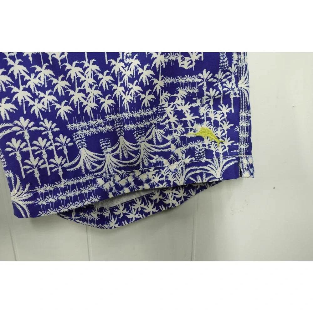 Tommy Bahama Swim Trunks Mens L Blue Palm Print Mesh Lined Drawstring Waist